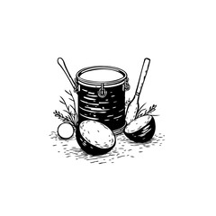 Minimalist illustration of a drum, coconut halves, and drumsticks, evoking musicality