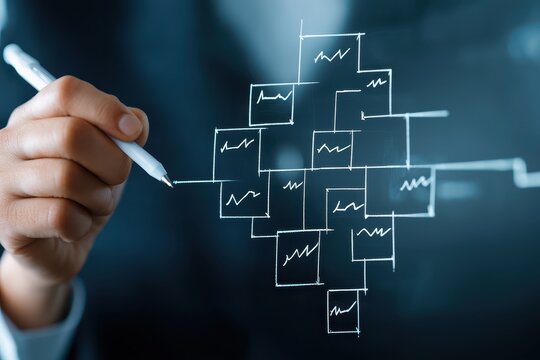 A person draws a complex flowchart with financial graph icons, symbolizing data analysis, planning, and business growth on a virtual screen. - Powered by Adobe