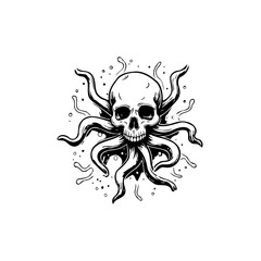 Striking monochromatic illustration of a skull intertwined with octopus tentacles