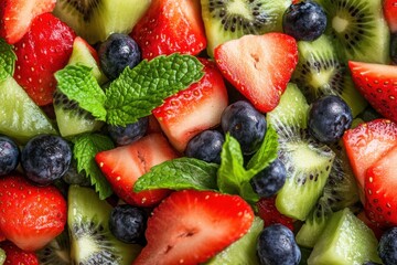 Obraz premium Refreshing fruit salad with strawberries, kiwi, and blueberries served in a colorful mix, Vibrant fruit salad with strawberries, kiwi, blueberries, and mint