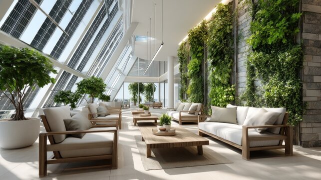 Modern eco friendly office promoting sustainability with green wall and solar panels