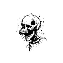 Creepy skull illustration with cracks and dark shadows in black and white