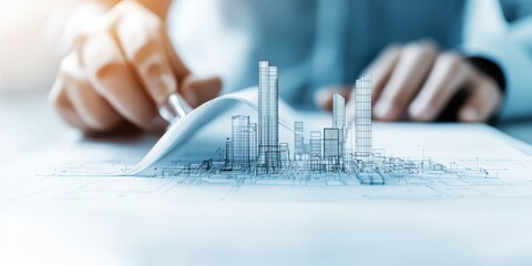 A hand lifts a sheet of paper revealing a digital blueprint transforming into a modern city skyline, symbolizing architectural design and innovation.