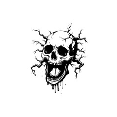 Skull entangled by branches: a spooky graphic illustration in black and white