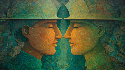 gallery print for transcendental art show | sacred femininity | sacred introspection | emerald and topaz blend | harmonic symmetry | divine couples | luminous skin rendering | smooth brushwork |