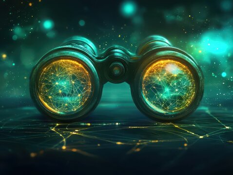 Futuristic binoculars with glowing, interconnected digital networks seen through the lenses, suggesting technology and innovation.