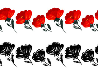 Vector set of decorative friezes with red poppies in a row isolated from background. Collection of floral friezes in folk art style