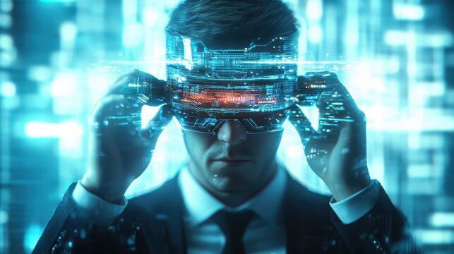 A man in a suit wears a futuristic virtual reality headset, surrounded by glowing digital interfaces in a high-tech environment.