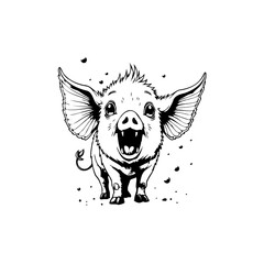Delightful black and white illustration of a cute cartoon piglet standing cheerfully