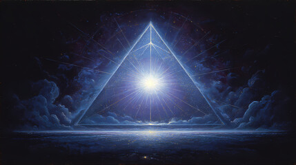 visionary art for spiritual magazine | alchemical rebirth | divine serenity | ethereal whites and violets | pyramidal divinity | celestial triangles | cosmic aureole effect | hatching glow | masonic