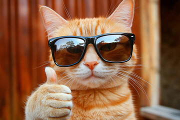 Cool ginger cat wearing sunglasses giving thumbs up gesture with confidence and attitude
