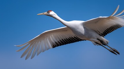 Obraz premium Whooping crane soaring in the clear blue sky with wide open wings