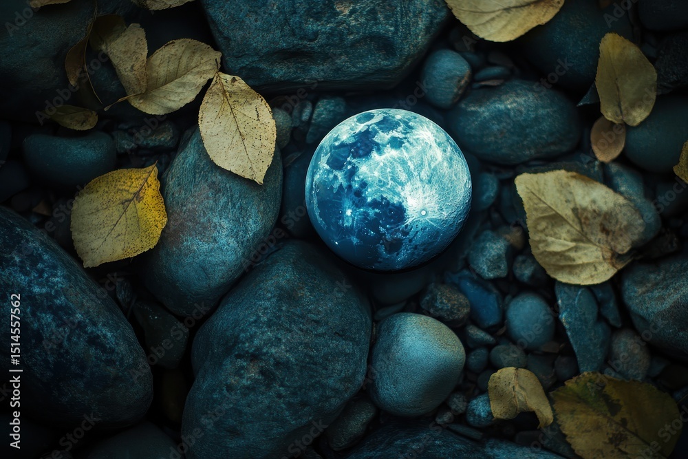 Poster Captivating depiction of the moon resting on stones surrounded by autumn leaves in a serene environment, earth and moon