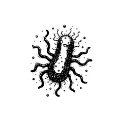 Whimsical depiction of a bacterium with humorous expression and dark style