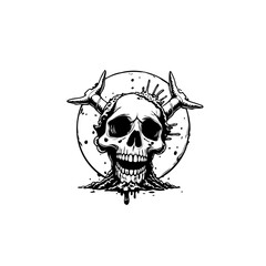 Intricate Skull with Antlers Illustration on White Background, Symbolizing Mortality