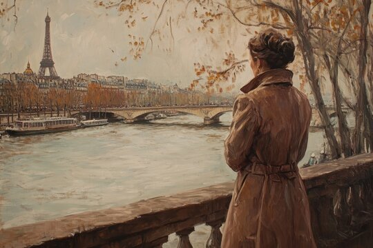 Woman in trench coat gazes at the Seine River with Eiffel Tower in the background, Woman in Trench Coat by the Seine with Eiffel Tower - Powered by Adobe