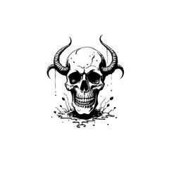 Creepy black and white skull with horns, perfect for tattoo designs and Halloween