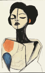 Japanese woman, portrait, vector, illustration, life drawing, abstract, art, geometric, artistic, creative, modern art, black lines, charcoal, ink, hand drawn, hand painted, woman, girl, beauty