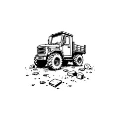 A Line Art Illustration of a Vintage Off-Road Vehicle on a Rocky Surface © rinie yuniartini