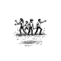 Dynamic illustration of children playing together outdoors in a grassy field sketch