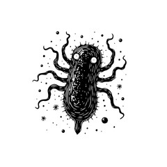 Cartoonish illustration of a bacterium or germ with tentacles on a white background