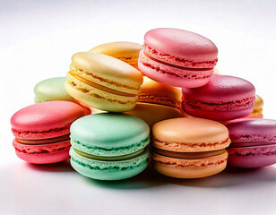 Obraz premium Pastel-colored macarons on white background close-up
