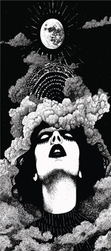 Retro psychedelic Poster, Vintage woman, cosmic scene, Album cover art, Moon and clouds, artwork banner, flyer, scary, goth, black and white, grunge, surreal dream, dark surrealist abstract background