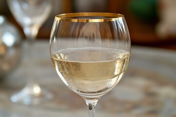 Close-up of sparkling white wine in elegant glass with gold rim on soft focus background