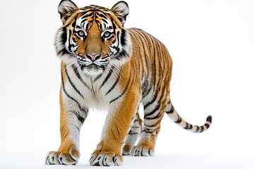 Obraz premium Fierce tiger walking forward with intense stare against clean white background