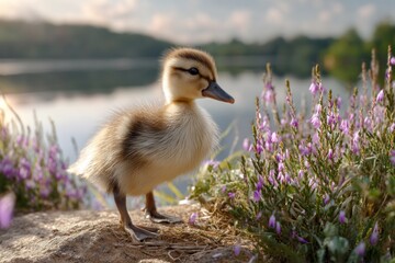 Obraz premium Cute duckling standing by purple flowers near lake at sunset