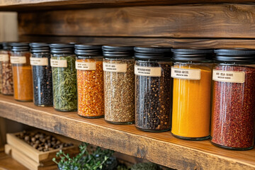 Shelf filled with various spices and herbs