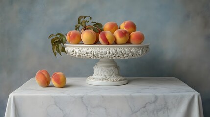 Still Life Photography Peaches Ornate Bowl Marble Table