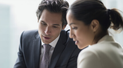 Two professionals in formal attire engaged in a focused discussion, conveying collaboration and strategic thinking.