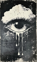 Abstract art, psychedelic, eye looking, watching, crying, leaking, paint, screenprint, photocopy, grunge, retro, vintage, poster, album cover art