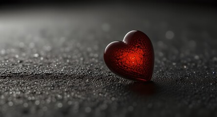 Fototapeta premium A single red heart-shaped object on a reflective wet surface, prominently displayed against a plain monochrome background. 