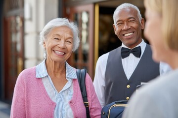 Senior woman arriving at hotel greeted by smiling porter and concierge