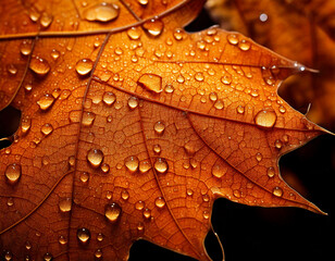Fototapeta premium Macro close-up of autumn leaf with water droplets, detailed fall nature texture