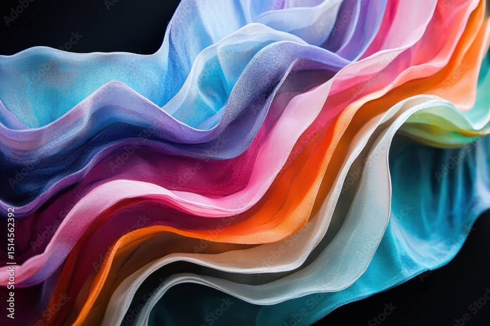 Poster Multi colored layers wave gracefully over abstract shapes in a vibrant display of texture and color, multi coloured layers waving over abstract shapes on black background