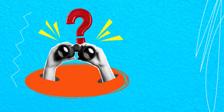 Modern pop art collage. Businessman looking through binoculars at question mark. Concept of work, development and promotion.