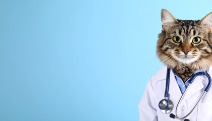 a cat in doctor coat and with stethoscope on blue background