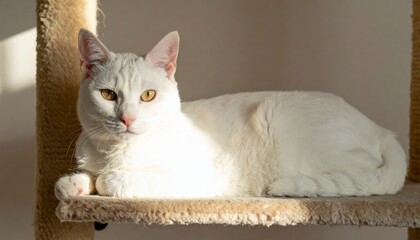Gorgeous white cat lying on cat tree in sun rays, looking at camera