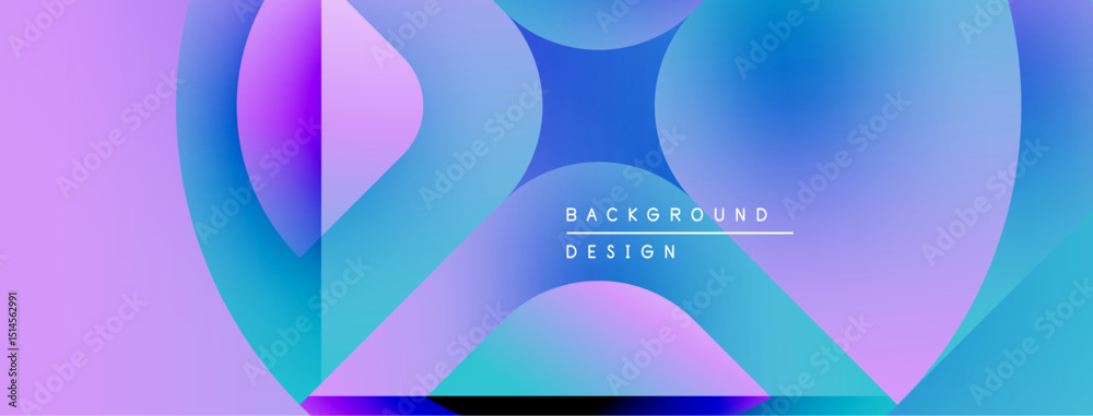 Poster Abstract background features overlapping shapes, vibrant purple, blue gradients. Modern design elements create dynamic visual effect.