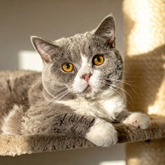 Fototapeta premium British Shorthair cat lying on cat tree in warm sunlight, looking at camera