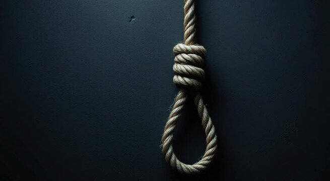 Ominous close-up of a rope noose hanging in dim light against a textured wall, symbolizing despair, danger, or mortality