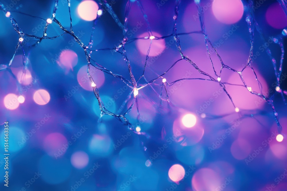 Poster vibrant blue chaotic network structure illuminated by bokeh lights in a mesmerizing blend of colors,
