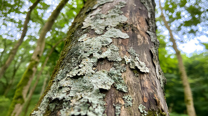 Obraz premium Detailed lichenous texture on bark of old tree in wood with green moss and blurred forest background creating natural and peaceful atmosphere