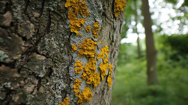 Detailed lichenous texture on bark of old tree in wood with vibrant yellow and gray patches creating natural patterns in peaceful forest environment