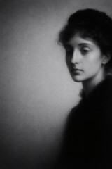 A monochrome portrait of a woman with her hair in an updo and looking to the right, set against a neutral background.
