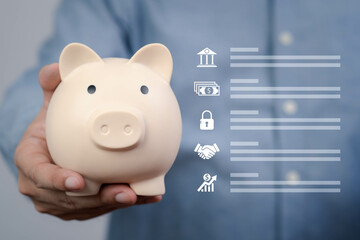 A person holds a piggy bank, symbolizing savings and financial management, with icons representing banking services and security in the background.
