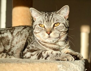 Fototapeta premium Scottish Fold cat is lying cozily on a shelf of its cat tree, basking in the warm sunlight streaming through the window and looking in the camera